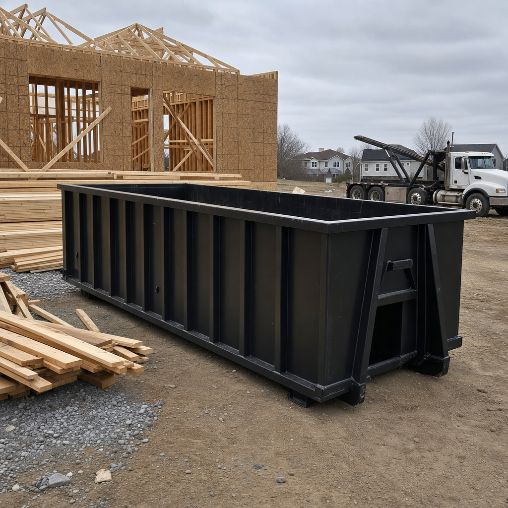 Matte-black 40-yard roll-off dumpster staged on a framed-out residential construction site in Upland, framing lumber stacked nearby, hooklift delivery truck visible in the background under bright Colorado daylight