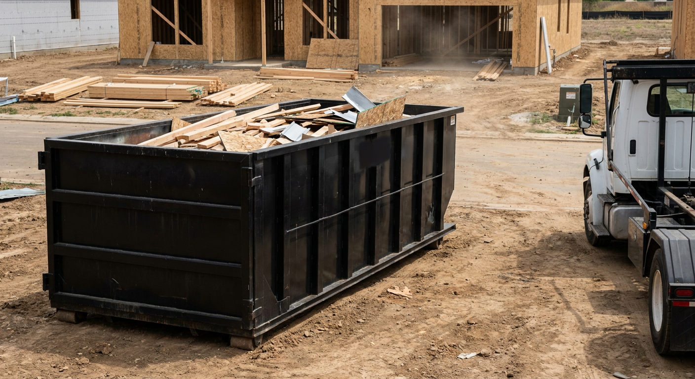 Matte-black 20-yard roll-off construction dumpster with heavy ribbed steel sidewalls and swing rear doors at a working jobsite in Upland, sitting directly on compacted dirt with an unmarked white hauler partially visible at the far edge of the frame.