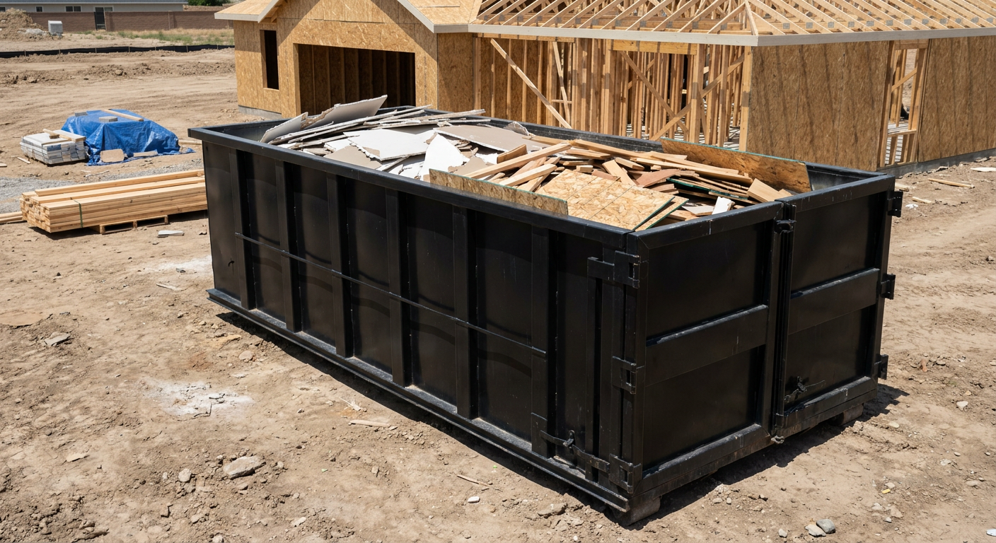 Matte-black 30-yard roll-off construction dumpster sitting directly on the compacted-dirt site of a framed single-family home build in Upland, drywall and lumber scrap loaded inside.