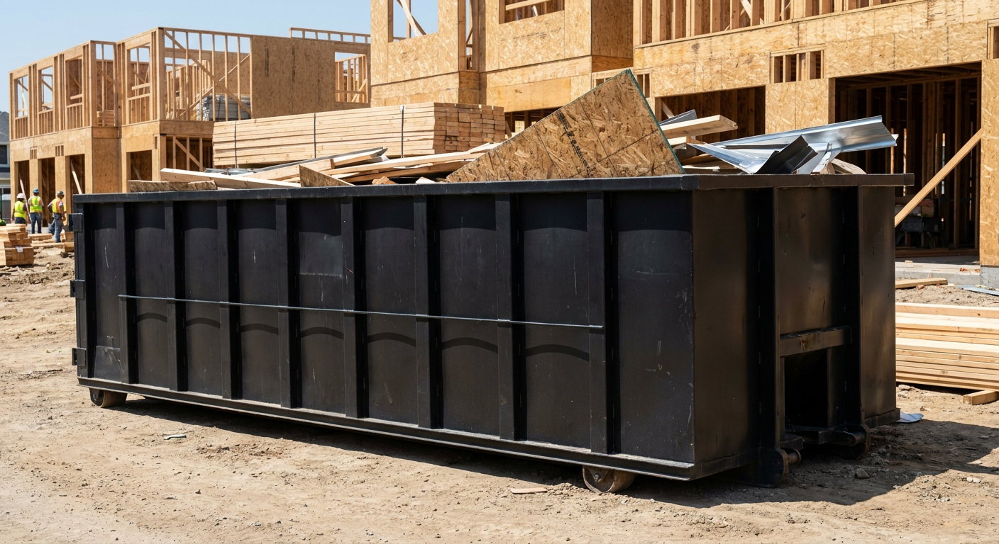 Matte-black 40-yard roll-off construction dumpster being lowered from a white-cab hooklift delivery truck onto the compacted-dirt jobsite at a commercial build site in Upland