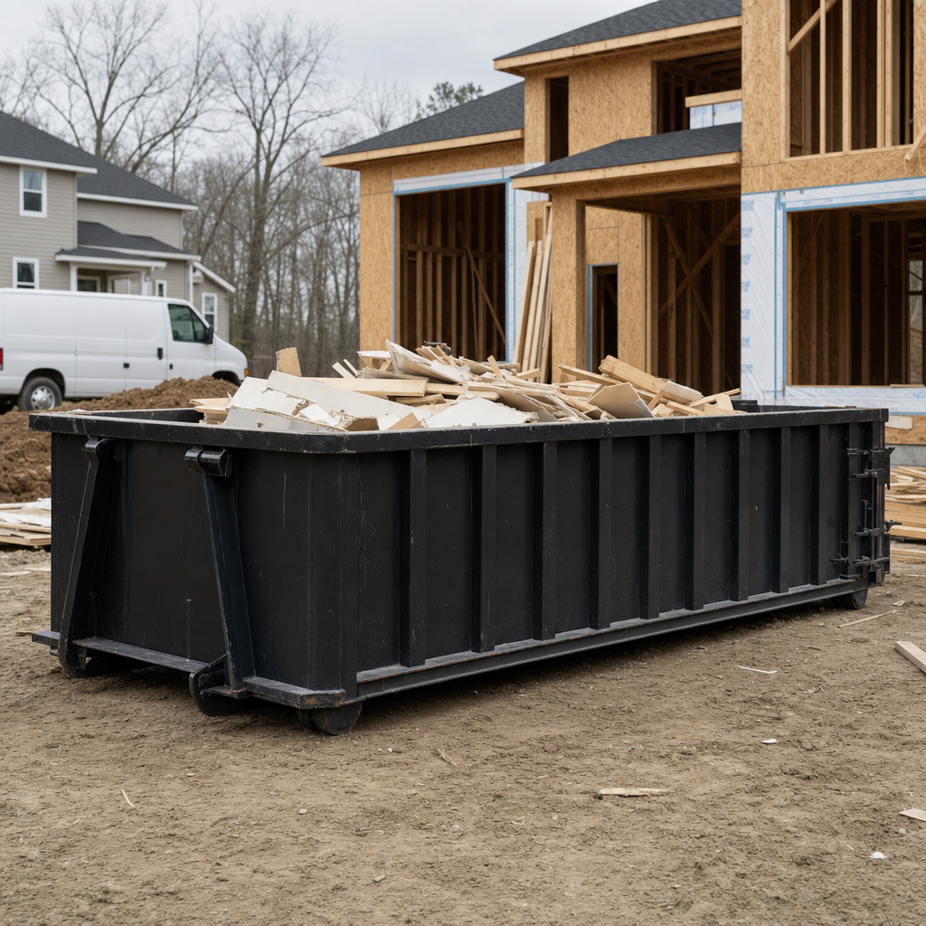 Worker in a yellow high-visibility vest tossing framing lumber and broken drywall into a matte-black 30-yard construction roll-off dumpster on an active build site in Upland, bright daylight