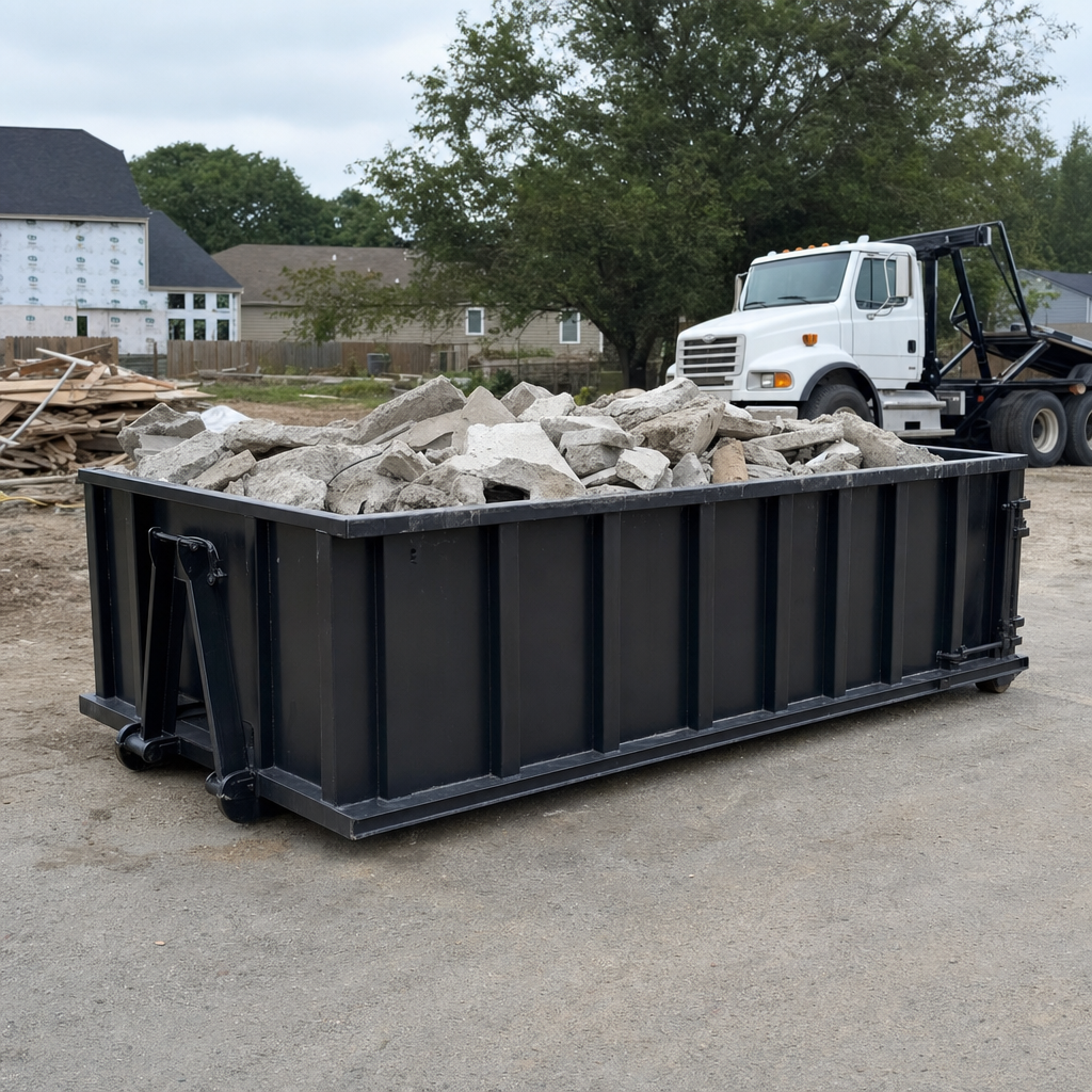Low-profile matte-black lowboy roll-off dumpster loaded with broken concrete slab and rebar at a foundation tear-out in Upland, skid steer parked beside it, sunny Colorado morning