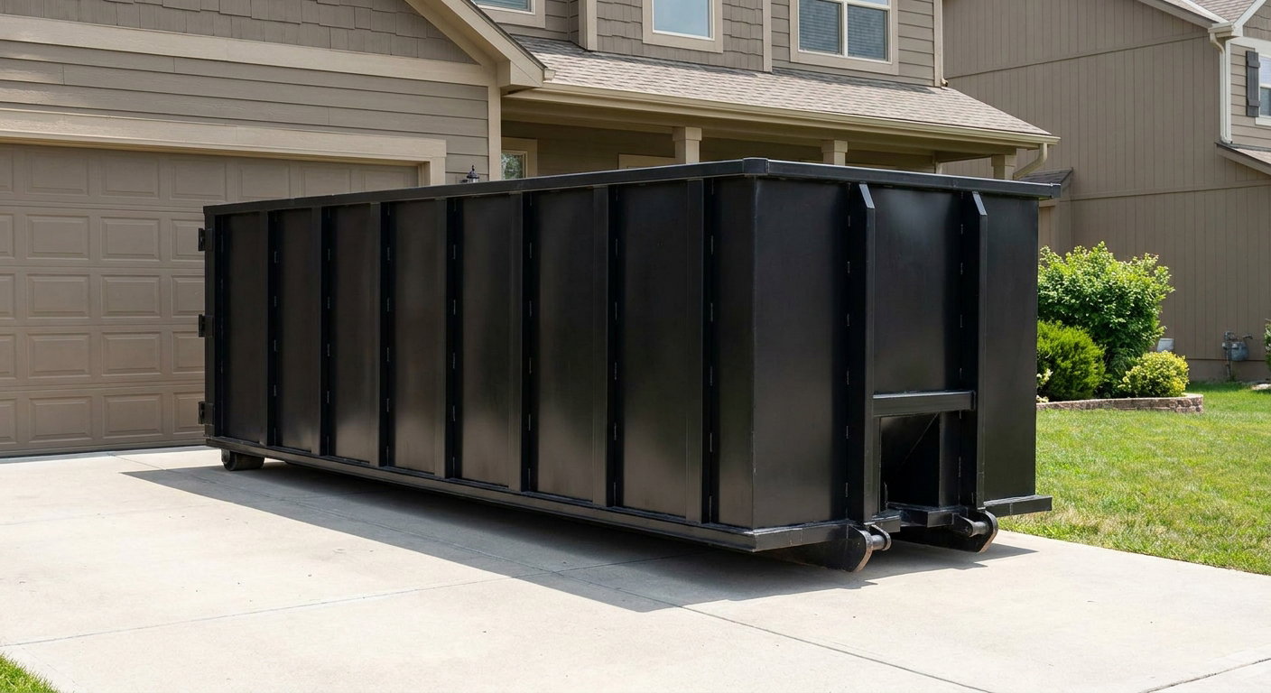 Matte-black residential roll-off dumpster sitting directly on a suburban Upland concrete driveway, garage door closed, single-family home in background, bright morning daylight.