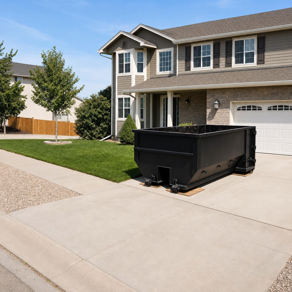 10-yard matte-black residential dumpster placed directly on a narrow Upland concrete driveway, room remains for a parked sedan beside it, mid-morning natural light