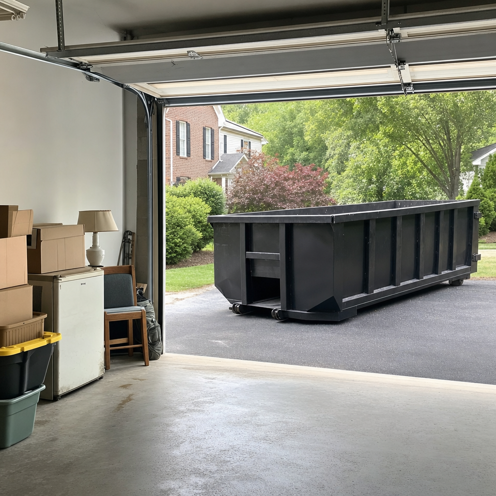 Open garage interior in a Upland home mid-cleanout — boxed items, an old appliance, and stacked yard tools queued near the driveway for a matte-black roll-off dumpster, organized and calm