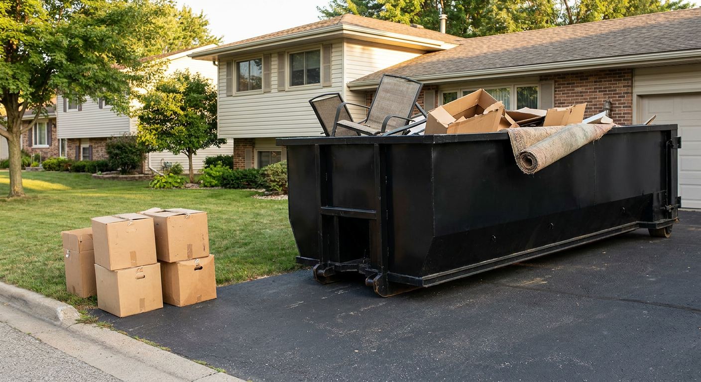 Front-yard view of a Upland split-level home with a 20-yard matte-black roll-off dumpster sitting directly on the asphalt driveway, a few clearly labeled donation boxes staged at the curb, calm sunny afternoon.