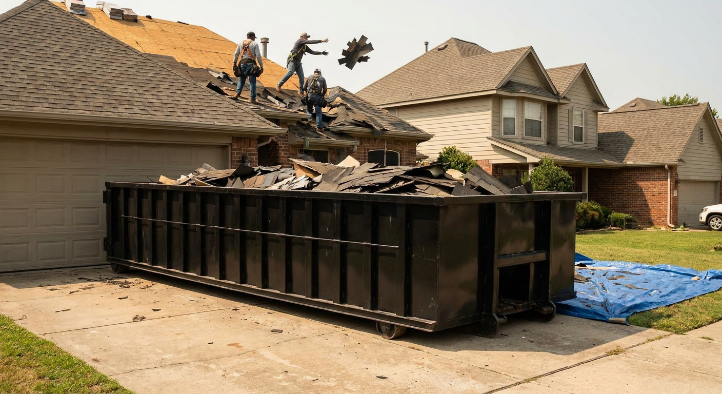 Matte-black roofing roll-off dumpster placed directly on a Upland residential concrete driveway, a tear-off crew on a two-story asphalt-shingle roof tossing shingle bundles into the low-walled container, bright daylight, documentary 35mm perspective.