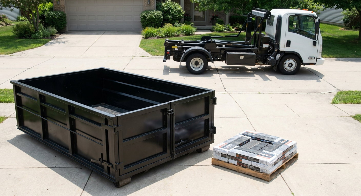 Matte-black 15-yard roofing roll-off dumpster with reinforced low side walls sitting directly on a Upland residential concrete driveway, three-tab asphalt shingle bundles stacked nearby, an unmarked white hauler truck partially visible at the edge of the frame.