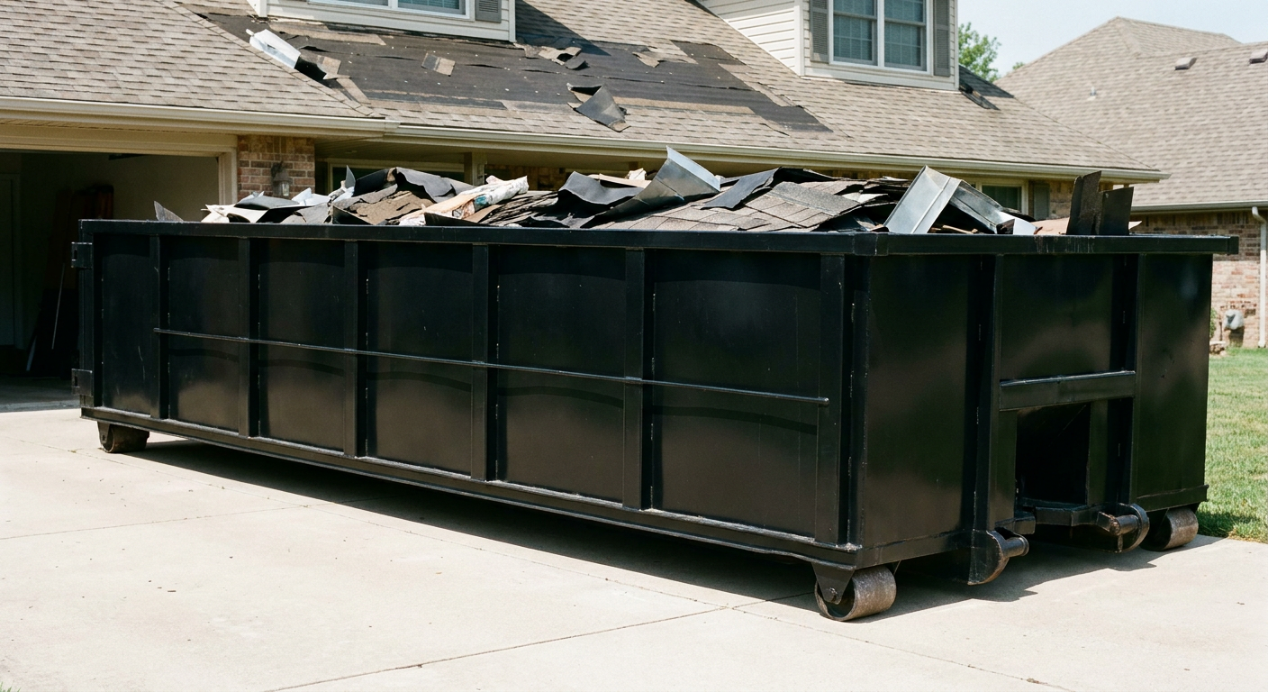 Matte-black 20-yard roofing roll-off dumpster with steel ribbed sides and swinging rear door, sitting directly on the concrete driveway of a two-story Upland home, asphalt shingle debris being loaded over the low wall, clean documentary lighting.