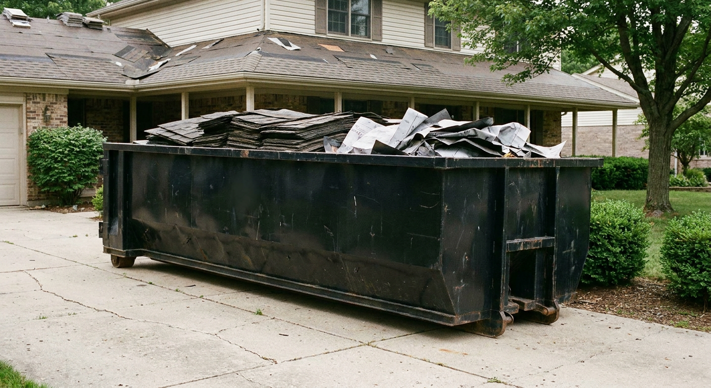 Matte-black 30-yard roofing roll-off dumpster sitting directly on a Upland concrete driveway, taller ribbed steel side panels, mixed tear-off debris of asphalt shingles and underlayment inside, professional documentary daylight.