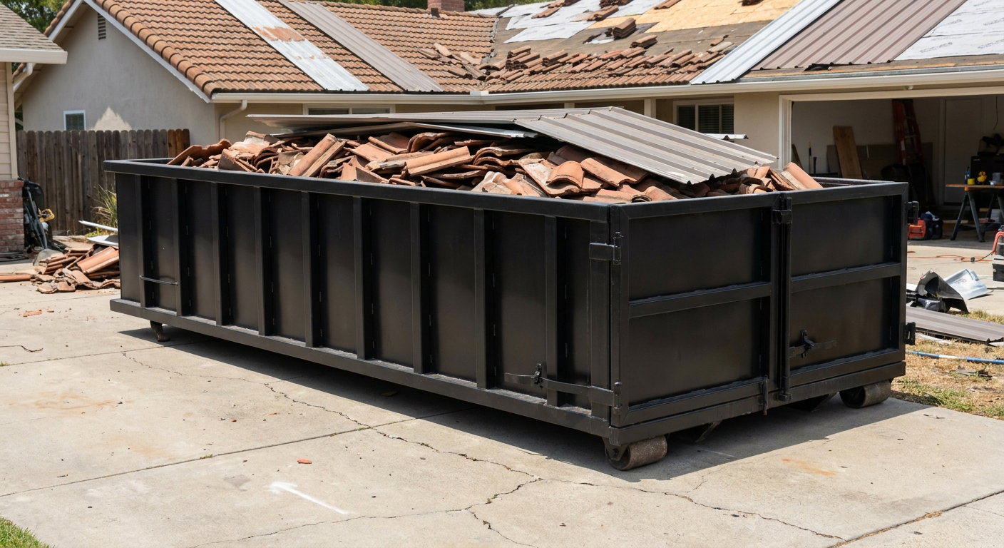Matte-black low-wall heavy-debris roofing roll-off dumpster sitting directly on a Upland concrete driveway, broken concrete clay roof tiles and metal panel sections loaded inside, reinforced ribbed steel side walls visible, bright outdoor daylight.