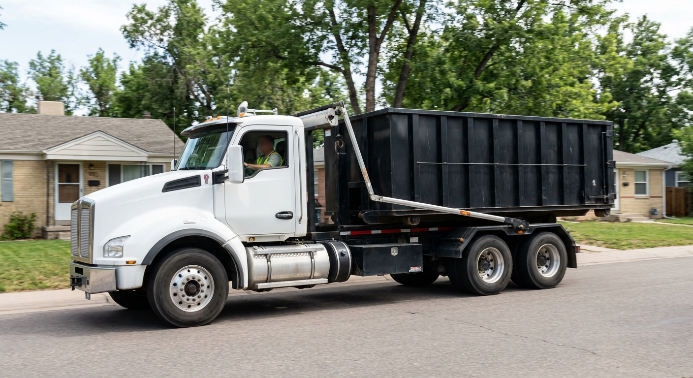 A wide documentary shot of a matte-black roll-off delivery truck pulling onto a quiet Upland residential street at mid-morning, with neighborhood rooftops and tree-lined blocks visible behind, showing the metro coverage footprint.