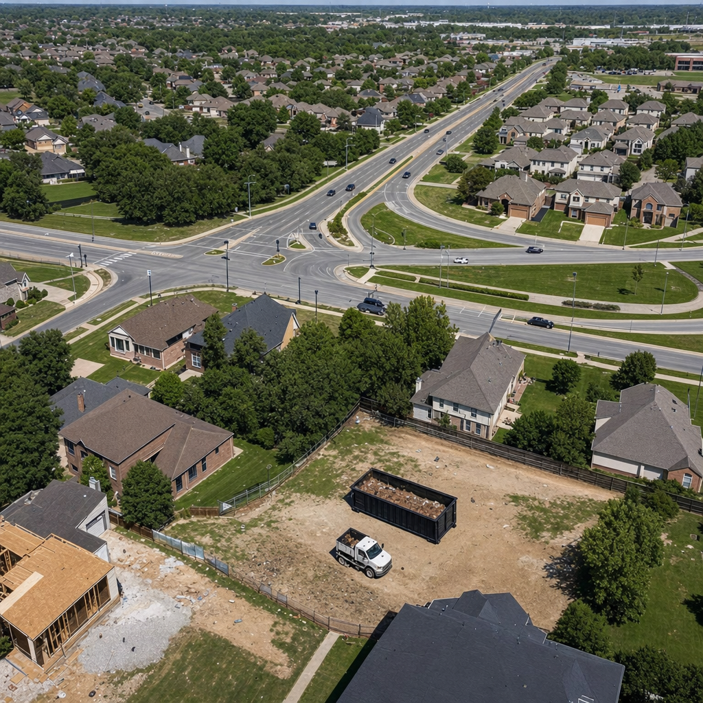 An overhead documentary view of the Upland metro area at midday, showing the spread of neighborhoods, arterial roads, and the dispatch radius from a central yard — clean daylight, organized geographic layout.