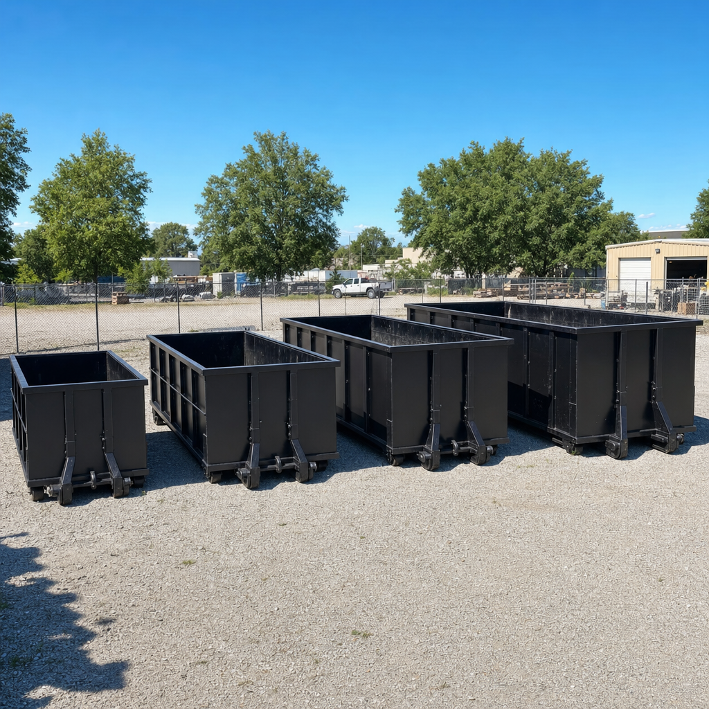 A clean lineup of matte-black roll-off dumpsters in 10, 20, 30, and 40-yard sizes staged on a sunlit gravel yard in Upland, showing the size progression from compact to commercial-scale containers.