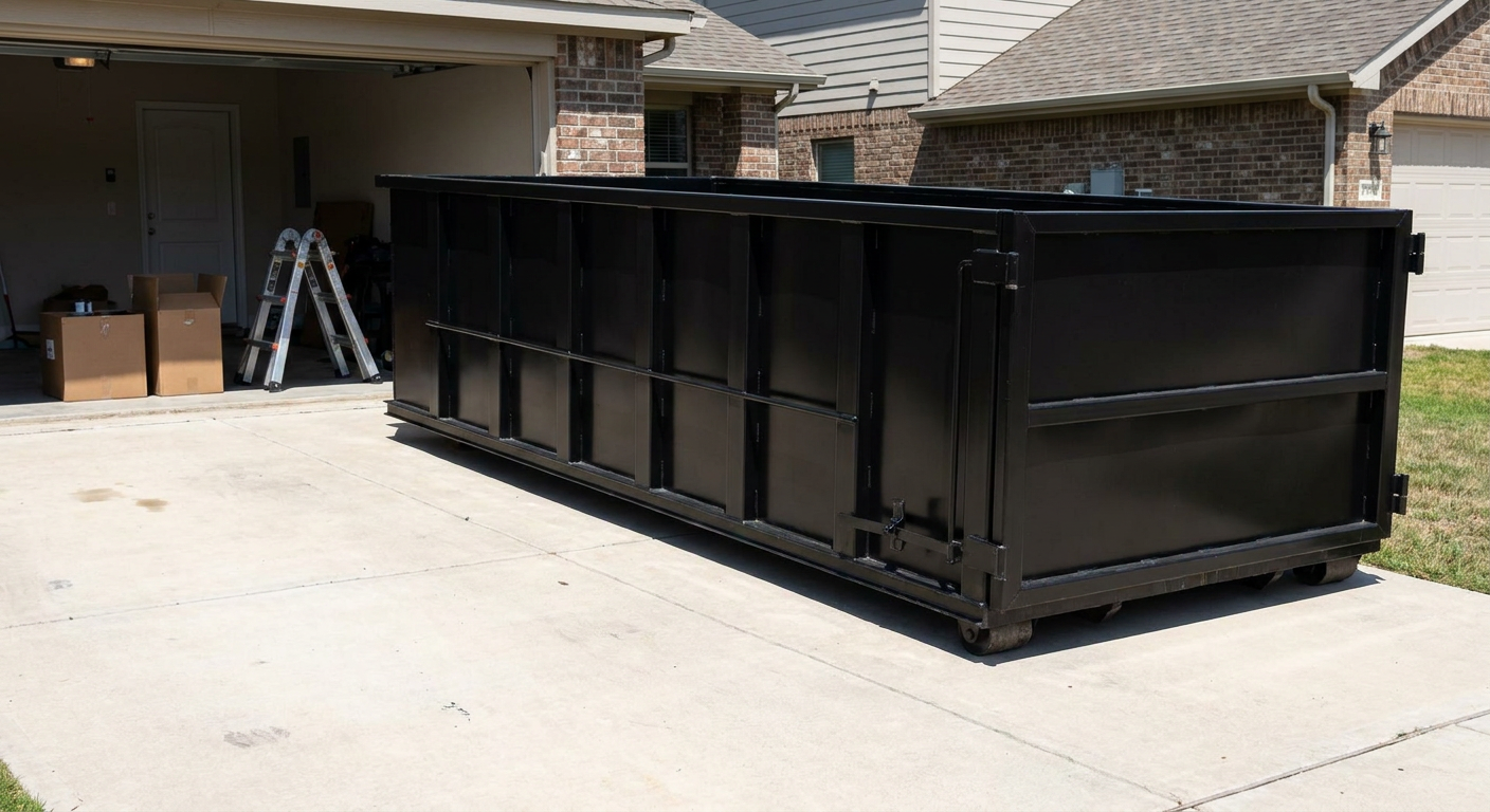 A matte-black 10-yard roll-off dumpster sitting directly on a residential Upland concrete driveway, mid-day sunlight, clean and ready for a garage cleanout.