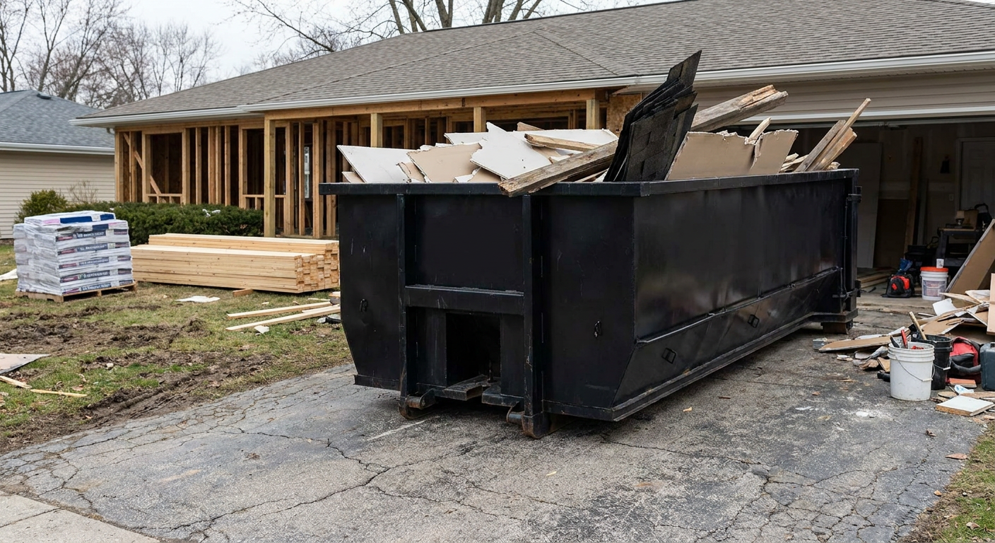 A matte-black 20-yard roll-off dumpster placed alongside a mid-renovation Upland home directly on the asphalt driveway, with framing materials and torn-off shingles staged neatly nearby.