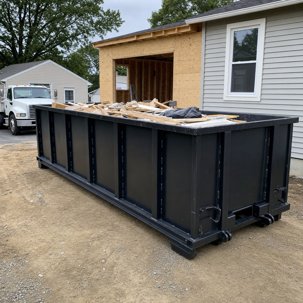 A matte-black 30-yard roll-off dumpster positioned at a Upland residential addition jobsite, with framing lumber and drywall scraps loaded through the open swinging rear doors.