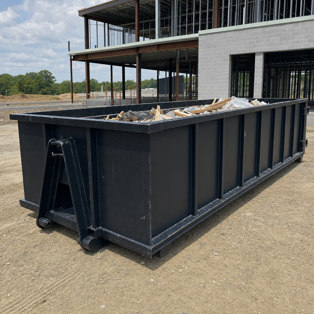 A matte-black 40-yard roll-off dumpster staged on a large Upland commercial construction lot, with a hooklift delivery truck parked alongside under bright midday sky.