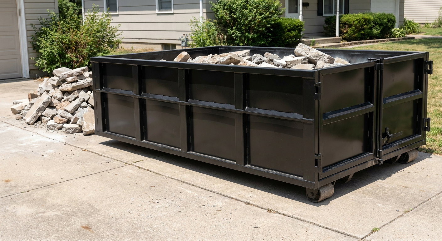 A matte-black low-side heavy-debris roll-off dumpster placed directly on a Upland concrete driveway, with broken concrete chunks neatly stacked beside it under clean daylight.